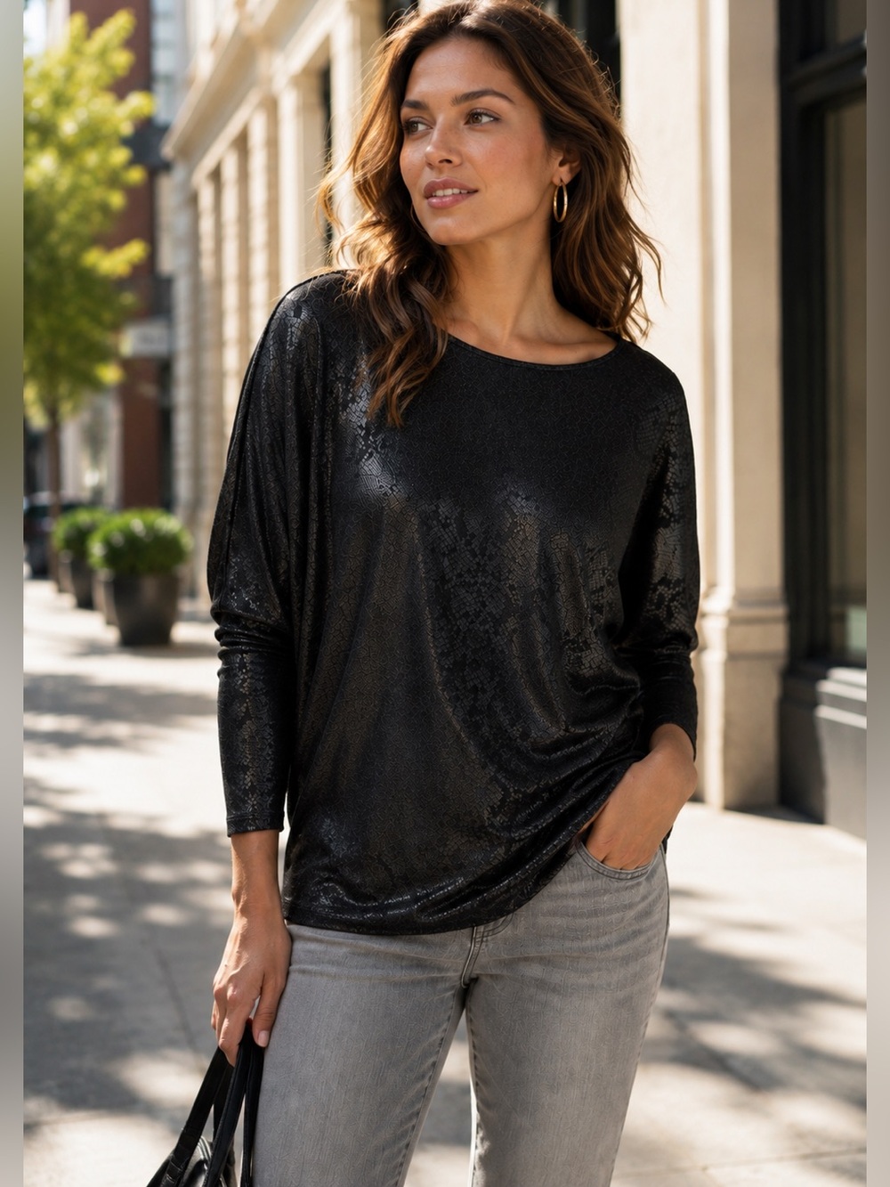 White House Black Market Python Snake Foil Print Dolman Sleeve Tunic Top Large
